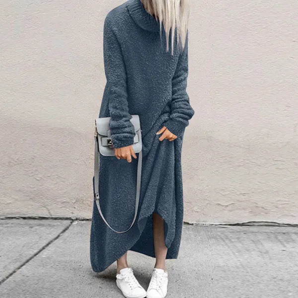 Wool Plush Casual Solid Color Turtleneck Dress