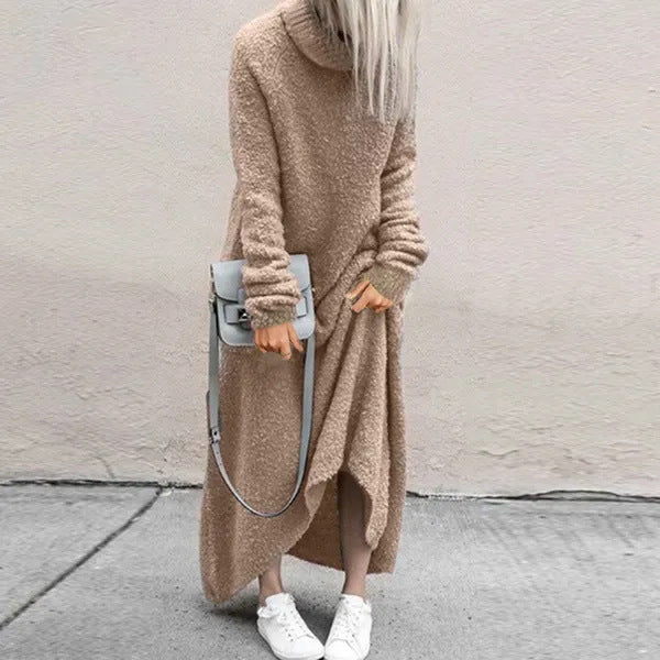 Wool Plush Casual Solid Color Turtleneck Dress