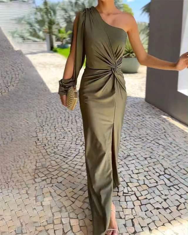 Women's Diagonal Shoulder Knot Split Solid Color Slim Fit Dress