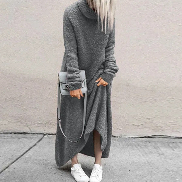 Wool Plush Casual Solid Color Turtleneck Dress