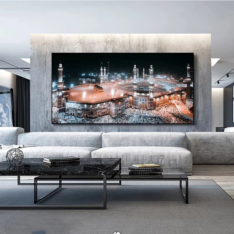 Mecca Mosque Night View Canvas Paintings on the Wall Art Posters and Prints Kabe Mekke Islamic Art Pictures for Living Room Wall