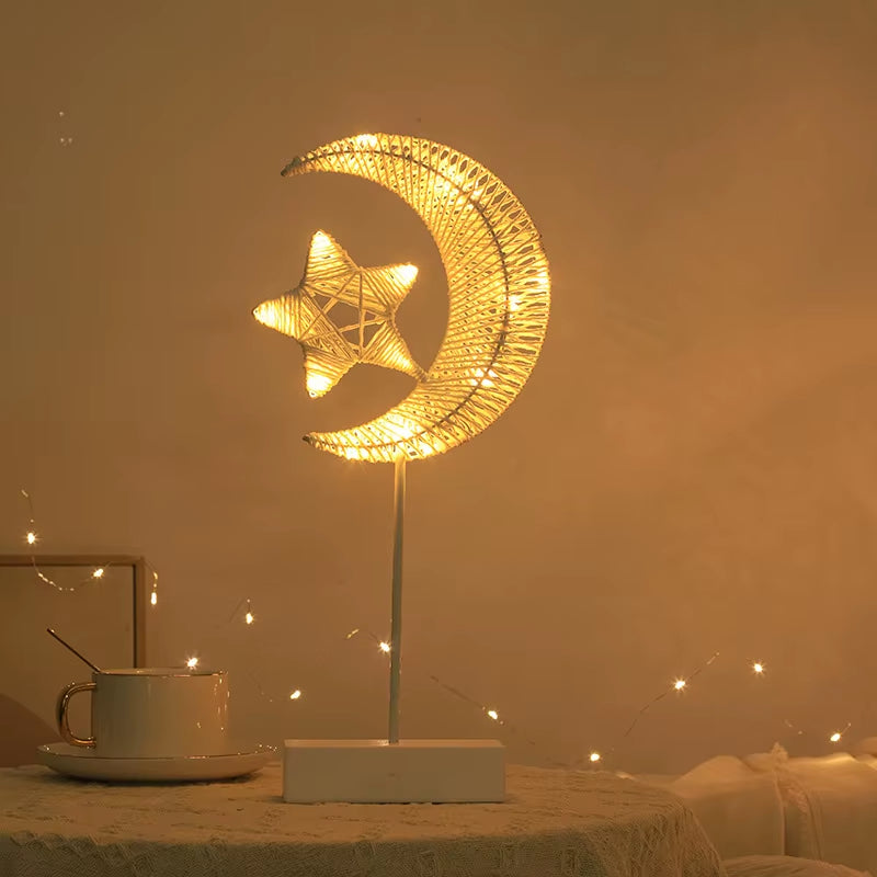 Led Rattan Night Light Star Moon Modelling Table Lamp Romantic Bedroom Decoration Hollow Rattan Night Light Ambient Light