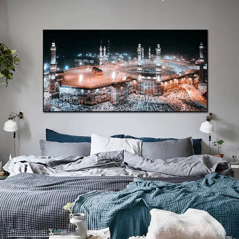 Mecca Mosque Night View Canvas Paintings on the Wall Art Posters and Prints Kabe Mekke Islamic Art Pictures for Living Room Wall