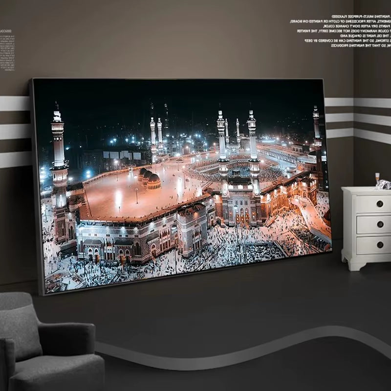 Mecca Mosque Night View Canvas Paintings on the Wall Art Posters and Prints Kabe Mekke Islamic Art Pictures for Living Room Wall